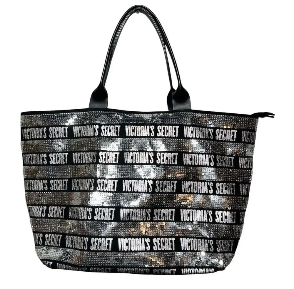Victoria's Secret Large Black and Silver Striped Sequin Logo Tote Bag
